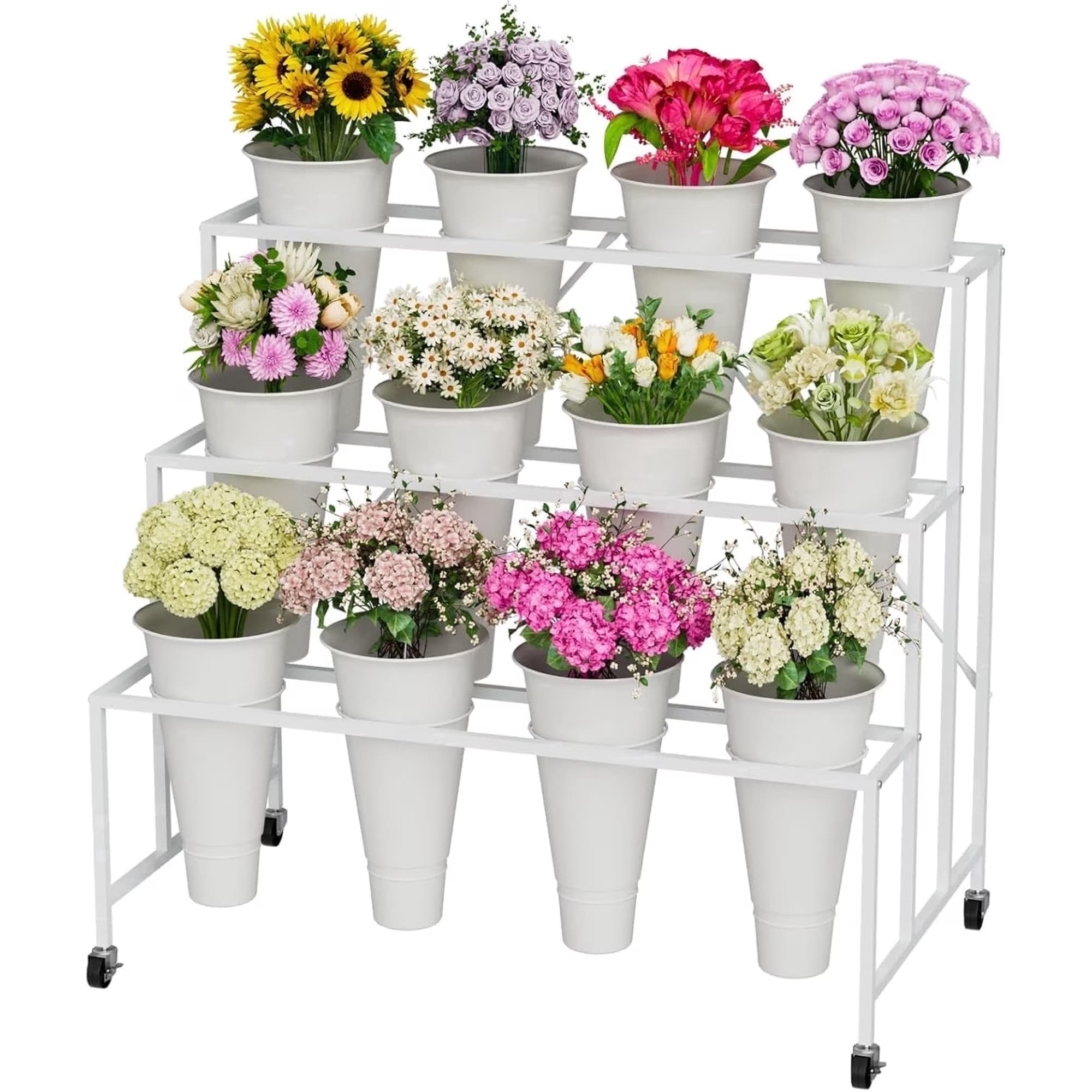 Three-tier flower cart stocked with seasonal stems
